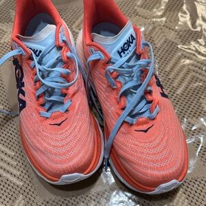 Hoka Women's Vibrant Coral and Light Blue Athletic Shoes